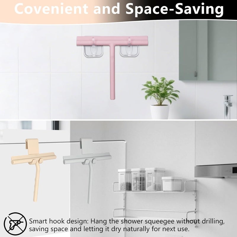 DEOFUXT Shower Squeegee for Glass Doors, Full Silicone Jacketed Squeegee with Ergonomic Handle & No-Drill Hook, Cleaning Tool for Windows, Mirrors, Tiles, Bathroom & Car - Beige - Image 5